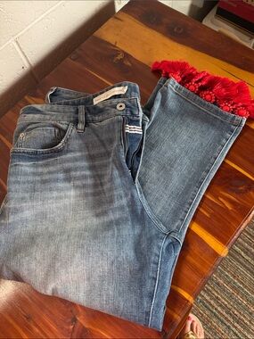 Anthropology Pilcro and the Letterpress Faded Blue Ankle Jeans with Red Fringe